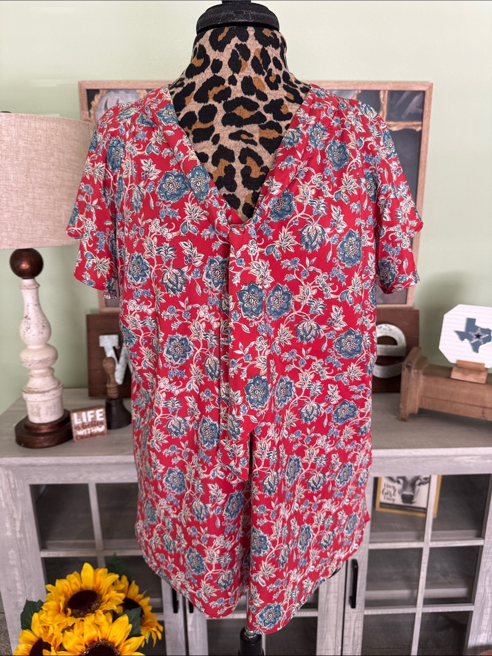 Ralph Lauren Red Floral V-Neck Button Front Top Sz 1Xl